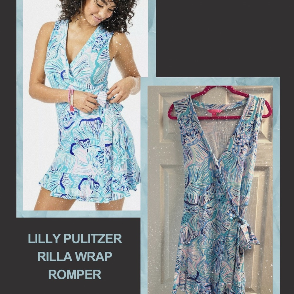 Lilly Pulitzer Rilla Wrap Blue and White Shell Patterned Romper